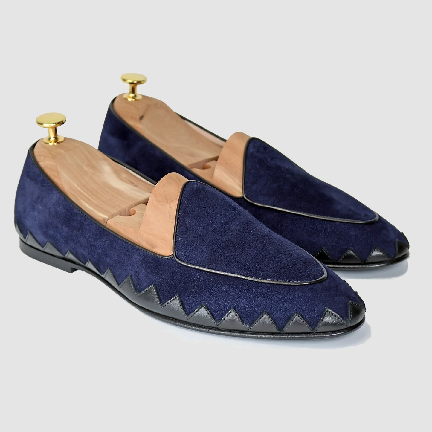 Marino navy suede Great White smoking slipper by JB Ander, featuring unique leather trim, minimalist slip-on design, and polished Italian craftsmanship.