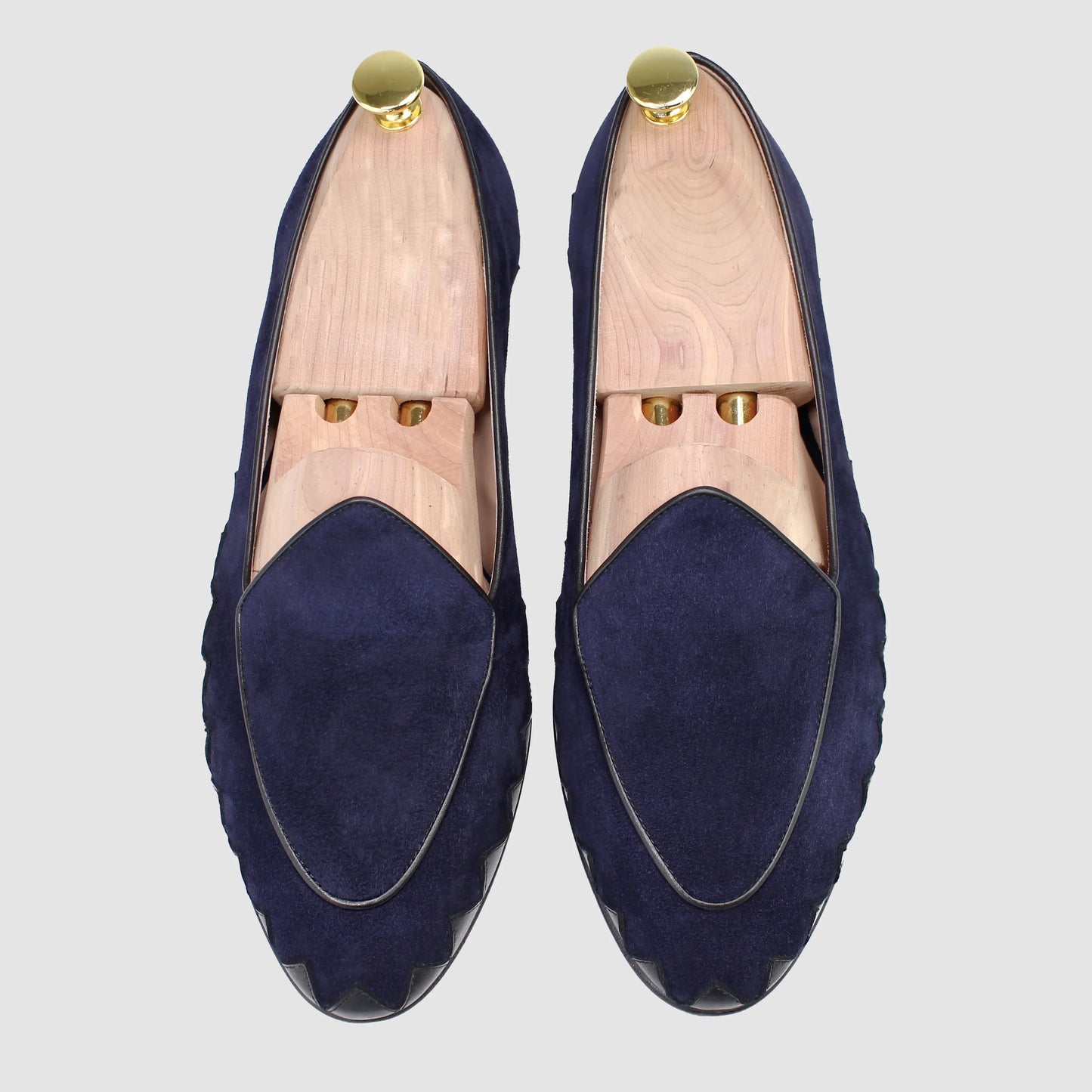 Overhead view of JB Ander men's Great White smoking slipper loafers in Marino navy suede with luxury leather piping, and handmade Italian craftsmanship.