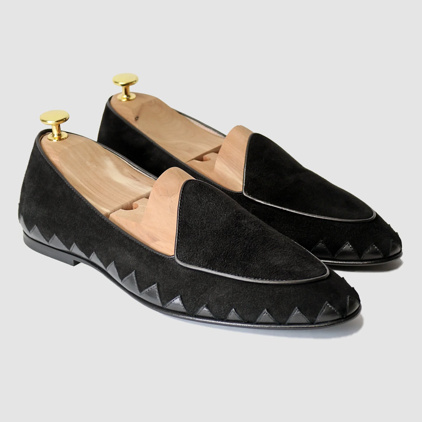 Nero black suede Great White smoking slipper by JB Ander, featuring unique leather trim, minimalist slip-on design, and polished Italian craftsmanship.