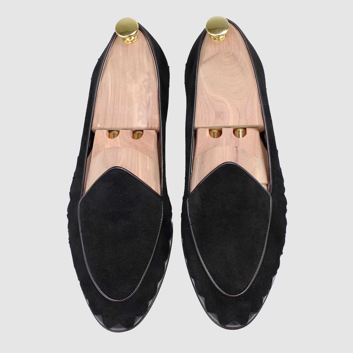 Overhead view of JB Ander men's Great White smoking slipper loafers in black suede with leather piping, and handmade Italian craftsmanship.