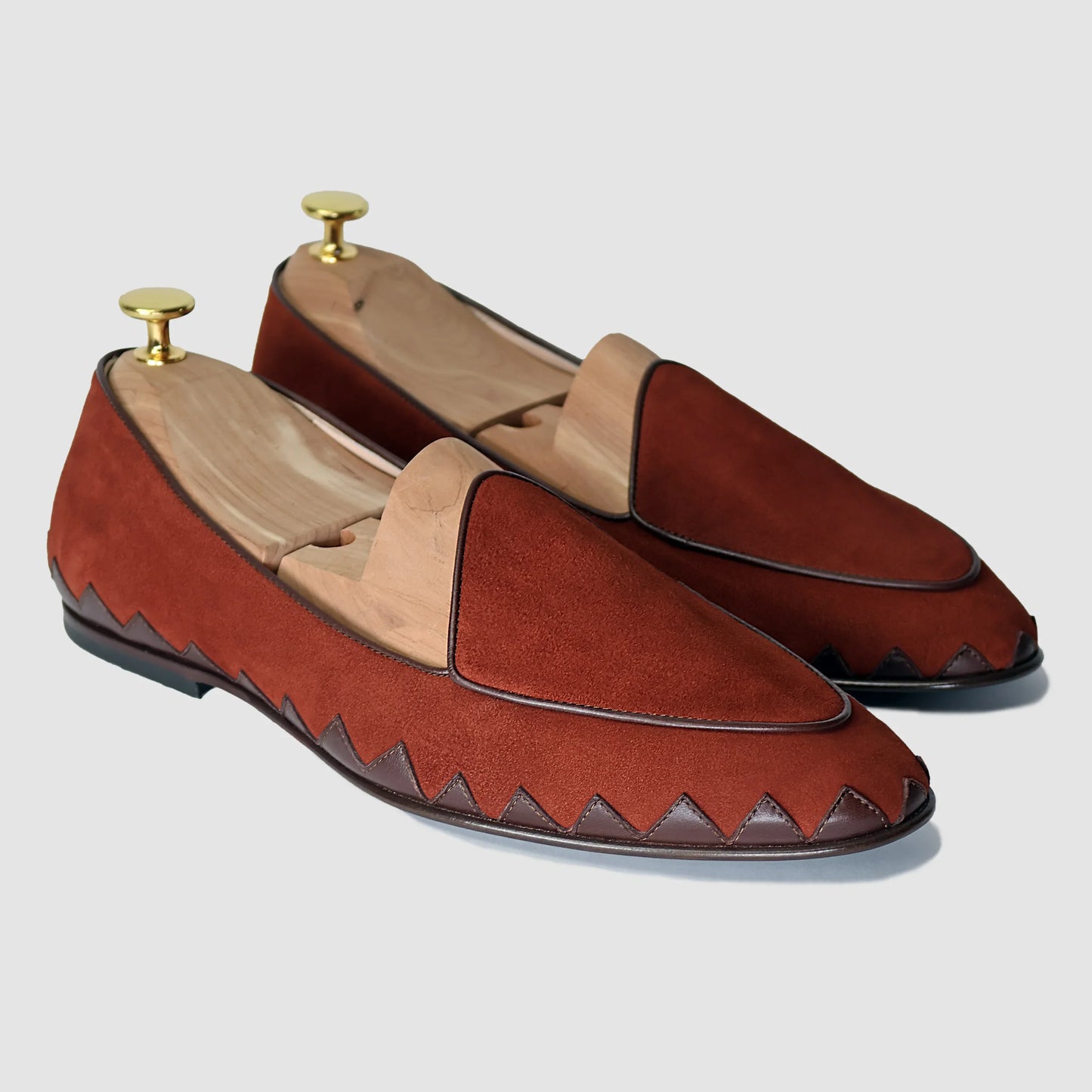 Sunset burnt umber suede Great White smoking slipper by JB Ander, featuring unique leather trim, minimalist slip-on design, and polished Italian craftsmanship.