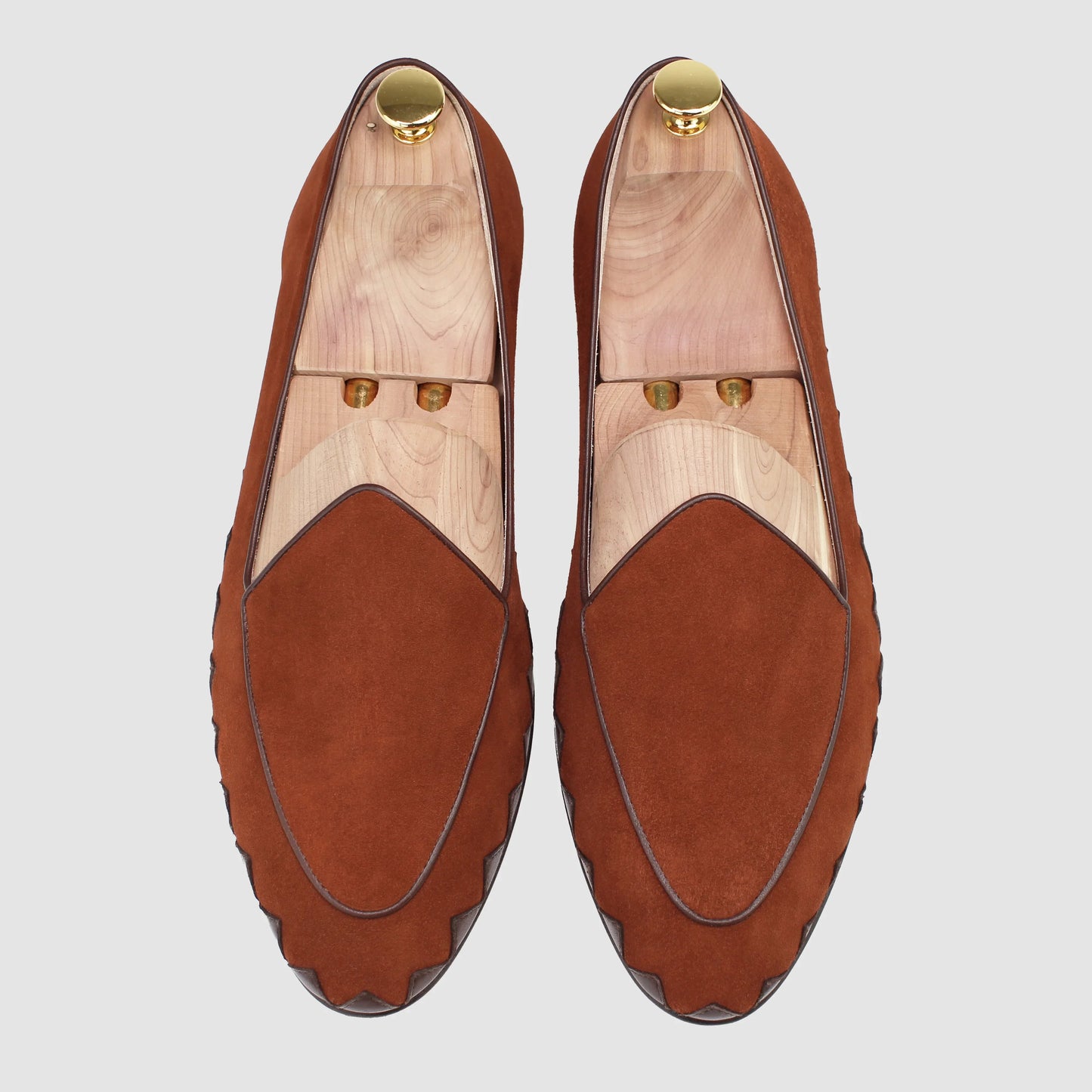 Overhead view of JB Ander men's Great White smoking slipper loafers in SoHo Sunset burnt umber suede with leather piping, and handmade Italian craftsmanship.