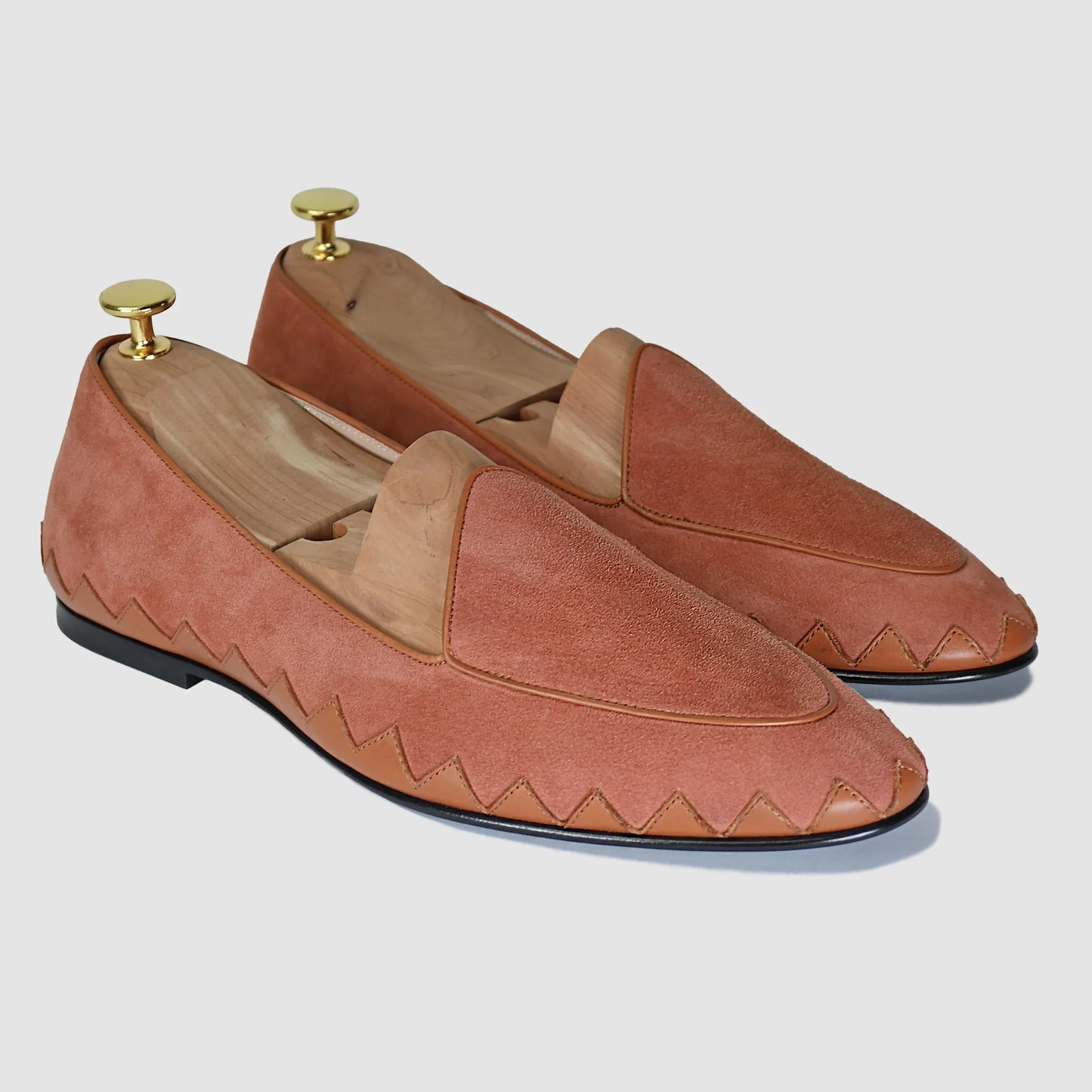 Terracotta luxury suede Great White smoking slipper by JB Ander, featuring unique leather trim, minimalist slip-on design, and polished Italian craftsmanship.