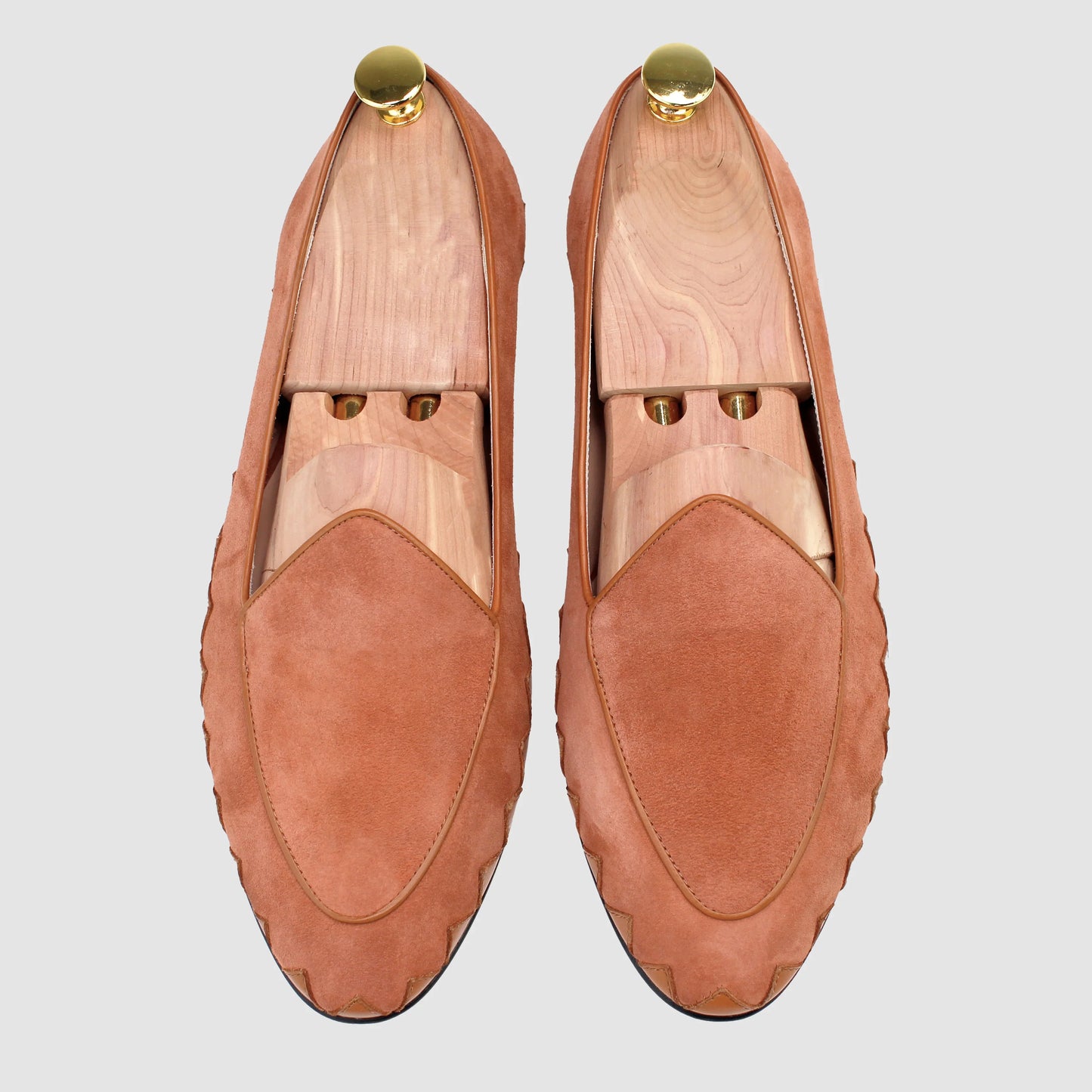 Overhead view of JB Ander men's Great White smoking slipper loafers in terracotta suede with leather piping, and handmade Italian craftsmanship.
