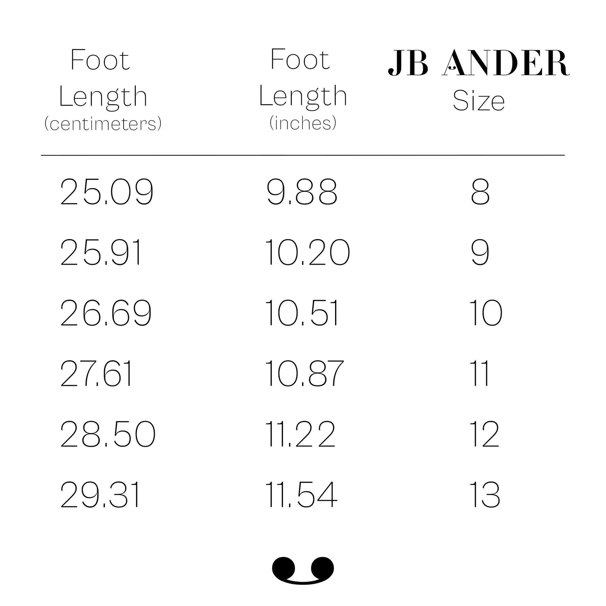 JB Ander size guide with Foot length chart  in centimeters and inches