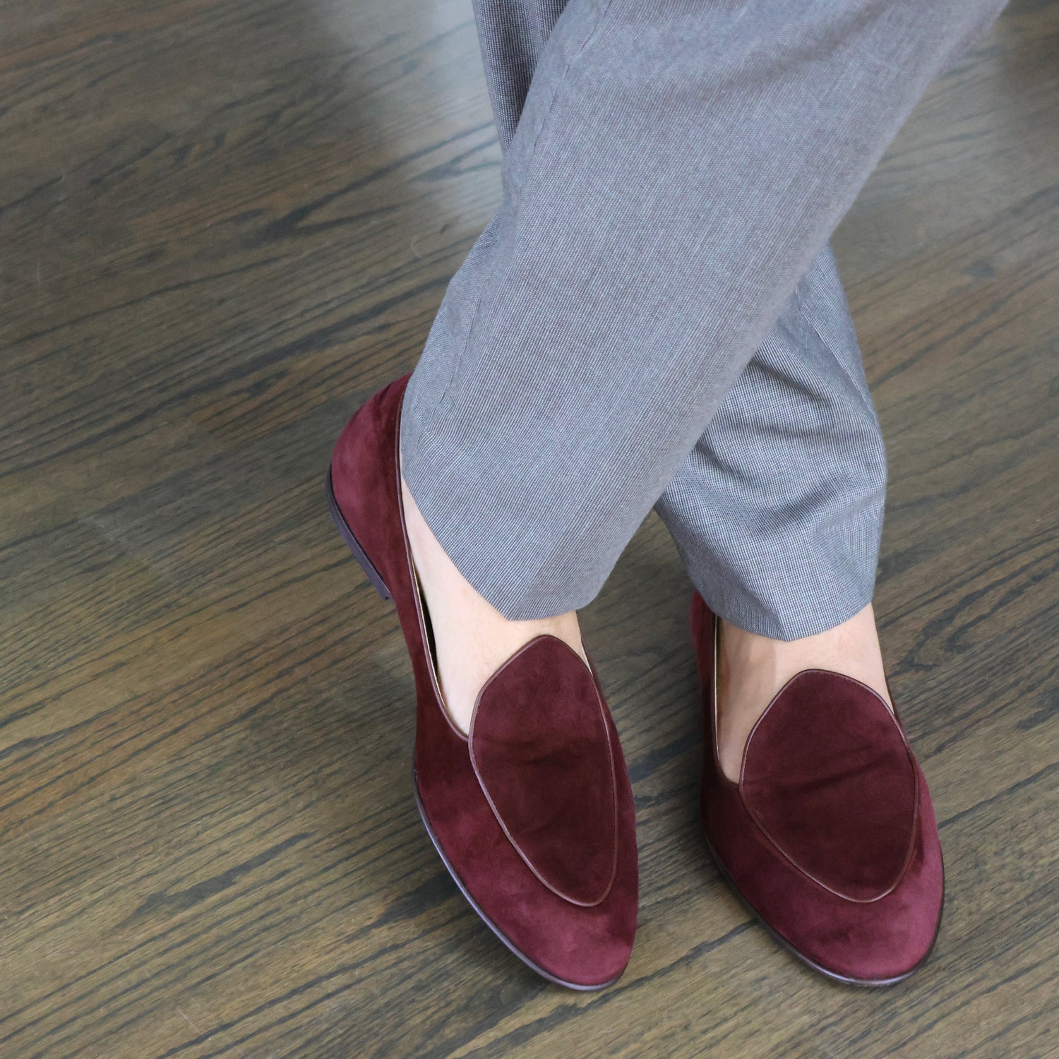 JB Ander men's Vivaldi Venetian loafer in Bordeaux burgundy suede, with leather piping, handmade Italian craftsmanship.