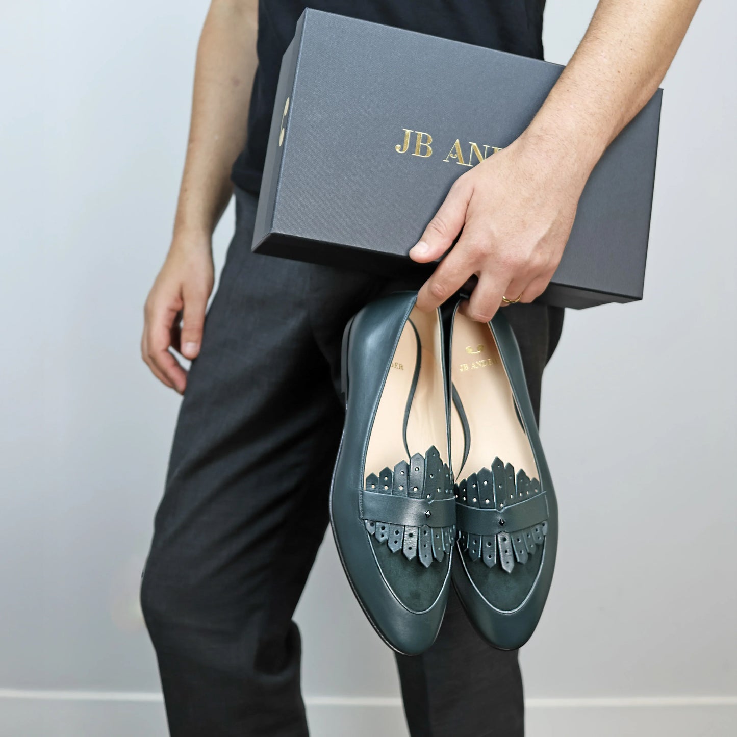 JB Ander Scottie Kilt Loafer in Verde green – handcrafted Italian leather loafer with layered kiltie fringe, suede vamp, and unique metal hardware.
