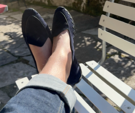 Wearing the JB Ander Great White smoking slipper loafers in Marino navy suede