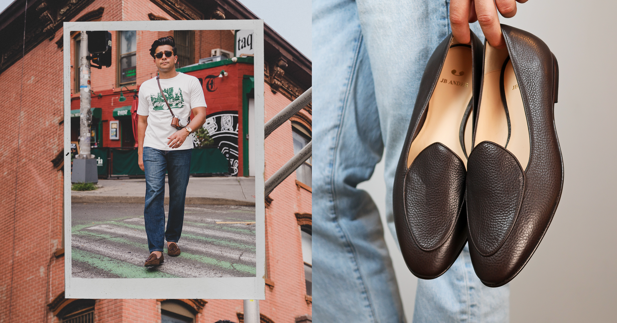 Model wearing JB Ander suede tassel loafers in chestnut brown, beside closeup view of JB Ander Venetian loafers in pebbled Italian leather.