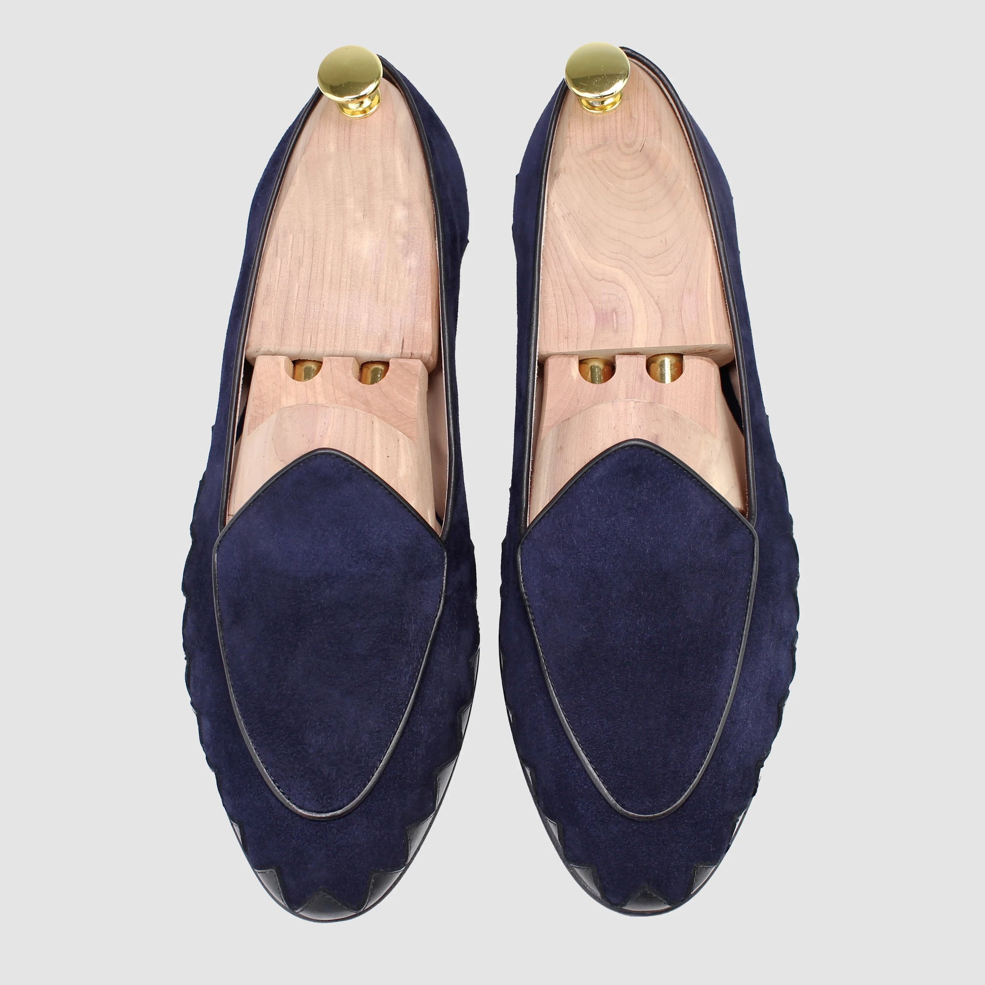 Overhead view of JB Ander men's Great White smoking slipper loafers in Marino navy suede with luxury leather piping, and handmade Italian craftsmanship.