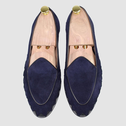 Overhead view of JB Ander men's Great White smoking slipper loafers in Marino navy suede with luxury leather piping, and handmade Italian craftsmanship.