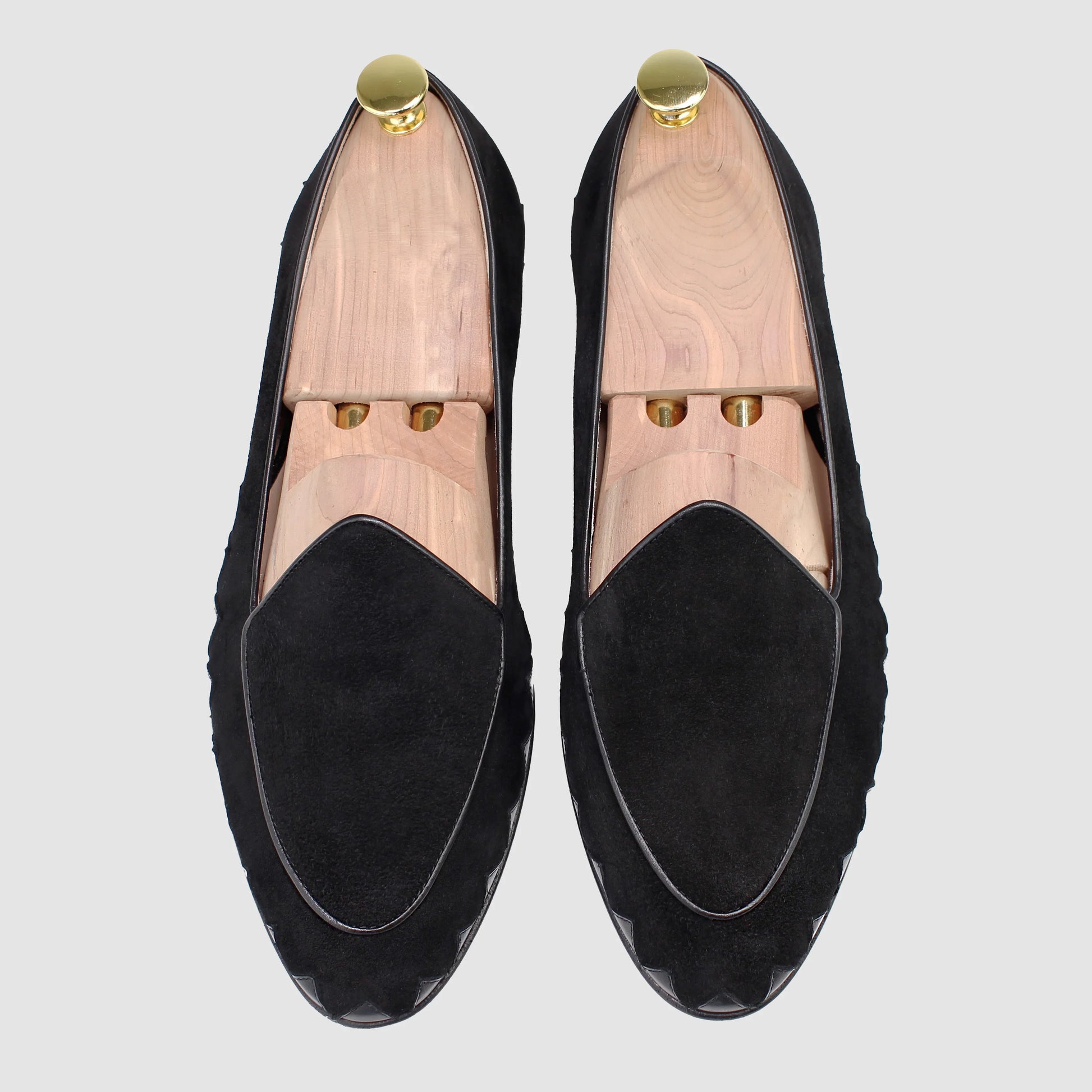 Overhead view of JB Ander men's Great White smoking slipper loafers in black suede with leather piping, and handmade Italian craftsmanship.