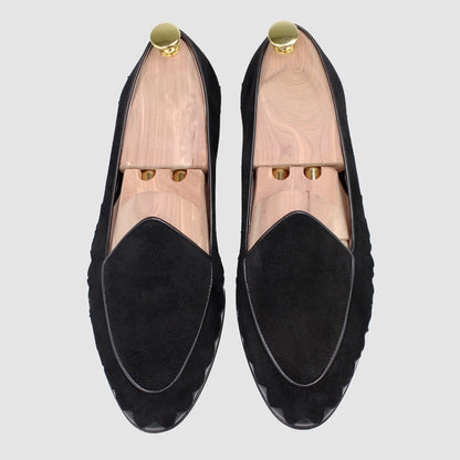Overhead view of JB Ander men's Great White smoking slipper loafers in black suede with leather piping, and handmade Italian craftsmanship.