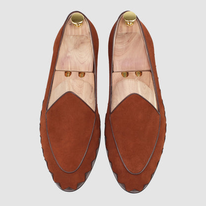 Overhead view of JB Ander men's Great White smoking slipper loafers in SoHo Sunset burnt umber suede with leather piping, and handmade Italian craftsmanship.
