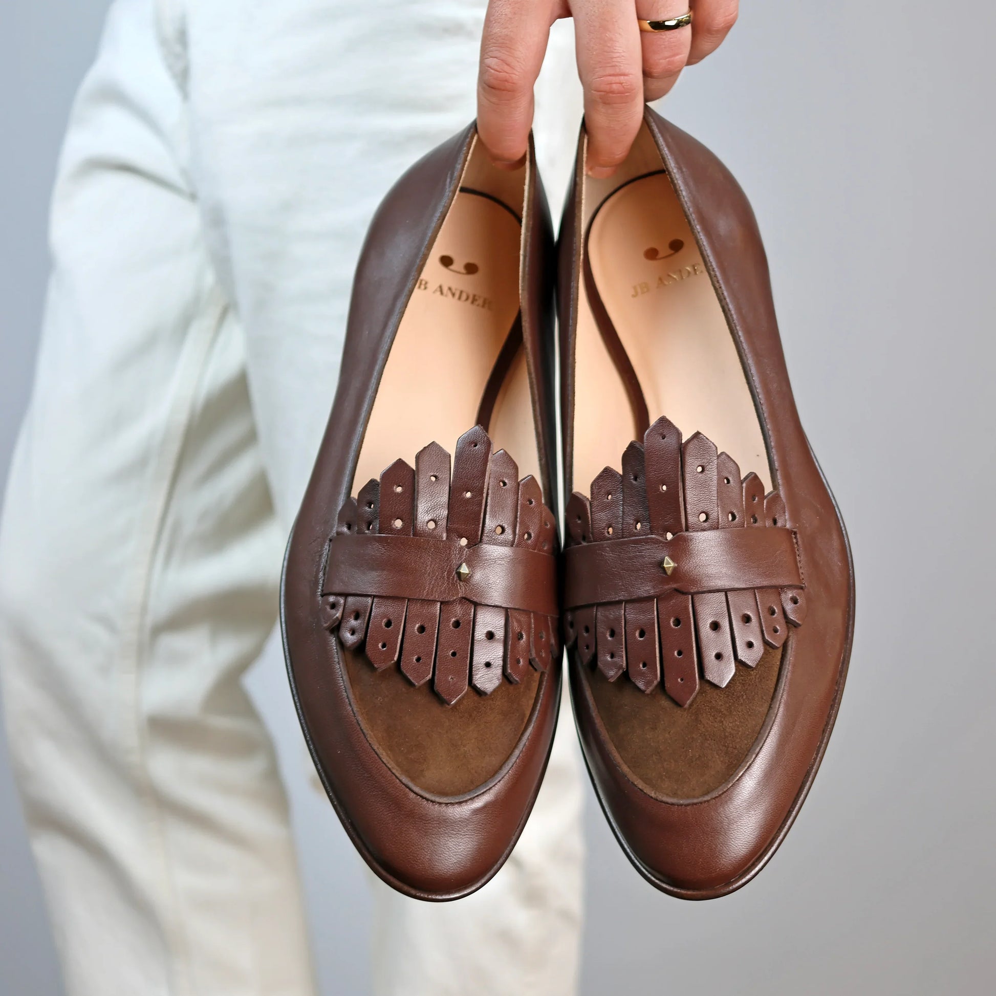 JB Ander Scottie Kilt Loafer in Chestnut brown – handcrafted Italian leather loafer with layered kiltie fringe, suede vamp, and unique metal hardware.