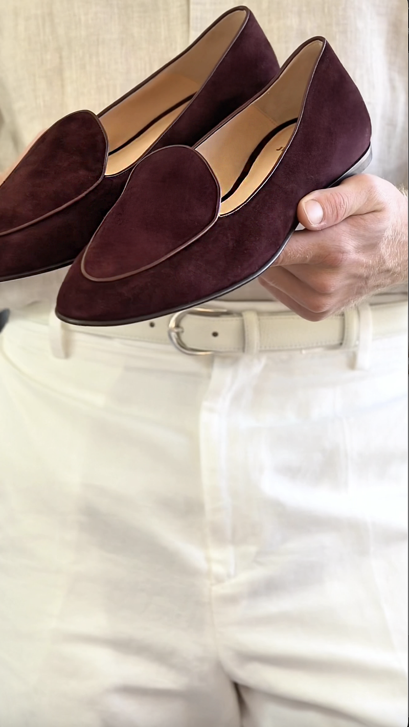 JB Ander's Vivaldi loafer, a Venetian style men's dress show in burgundy suede