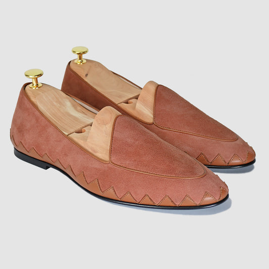 Terracotta luxury suede Great White smoking slipper by JB Ander, featuring unique leather trim, minimalist slip-on design, and polished Italian craftsmanship.