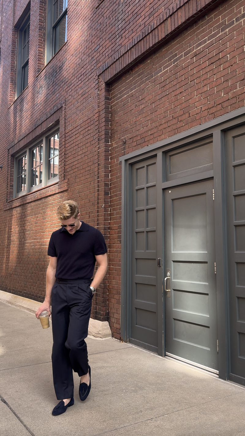 Evan wearing JB Ander suede tassel loafers in navy, handcrafted in Italy