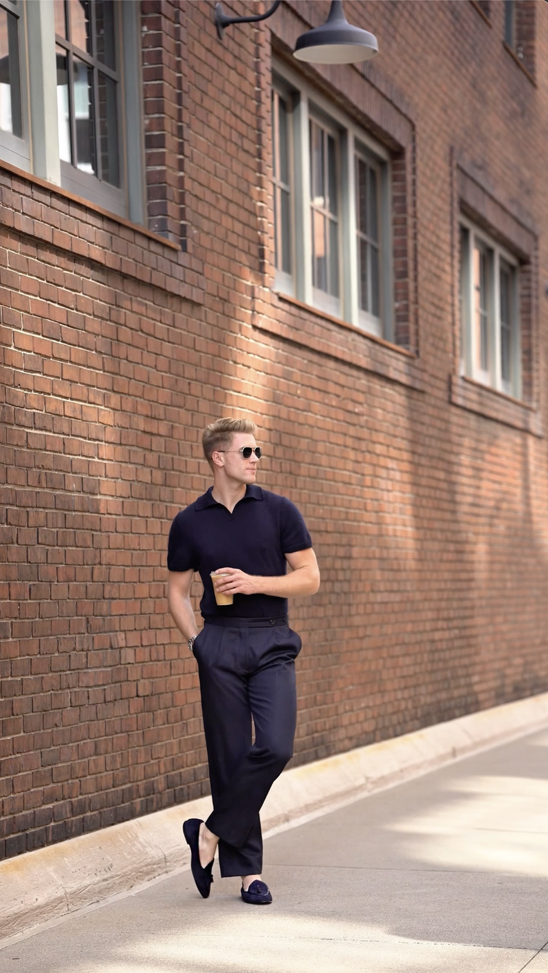 Evan wearing JB Ander suede tassel loafers in navy, handcrafted in Italy