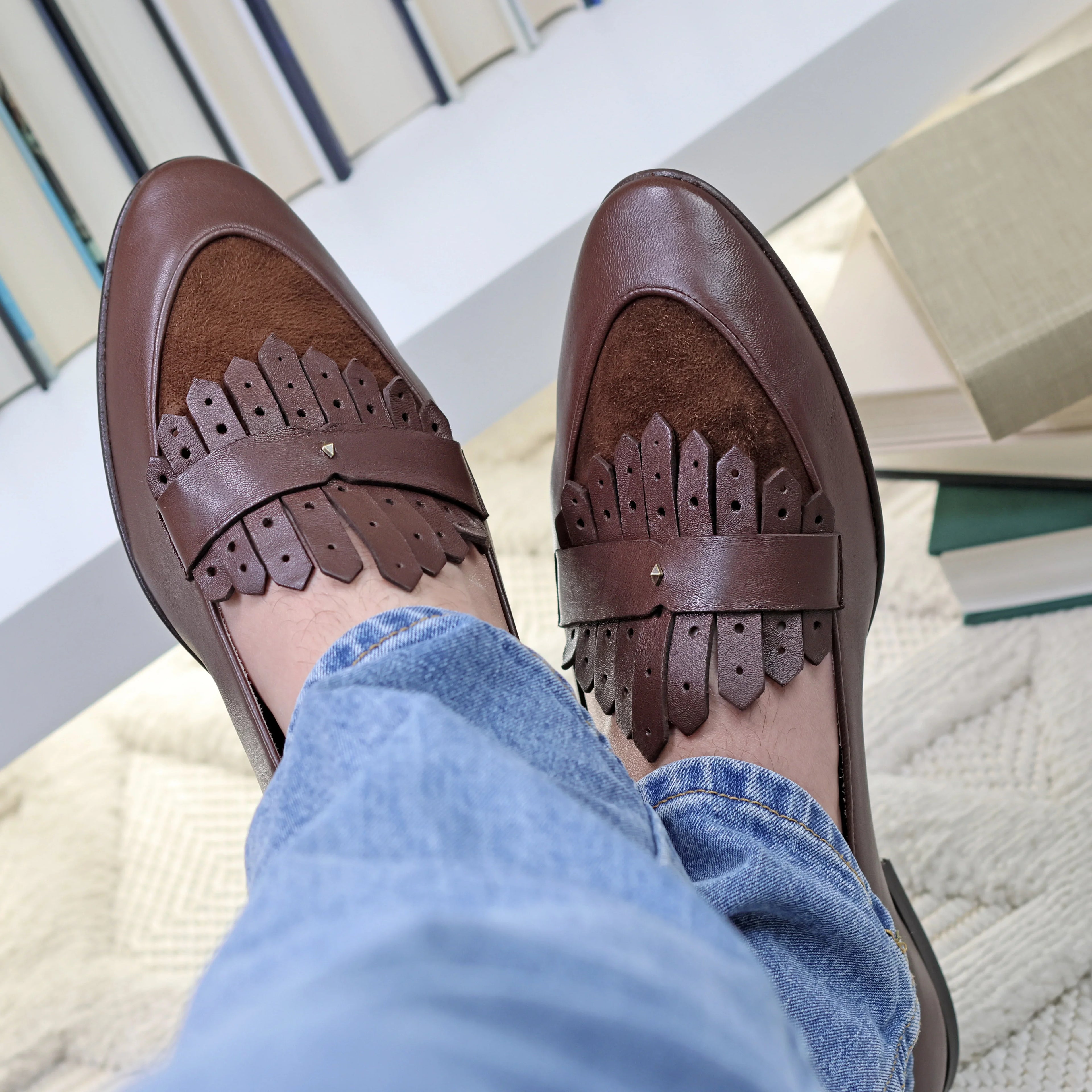 JB Ander Scottie Kilt Loafer in Chelsea Chestnut brown – handcrafted Italian leather loafer with layered kiltie fringe, suede vamp, and antiqued gold metal hardware.