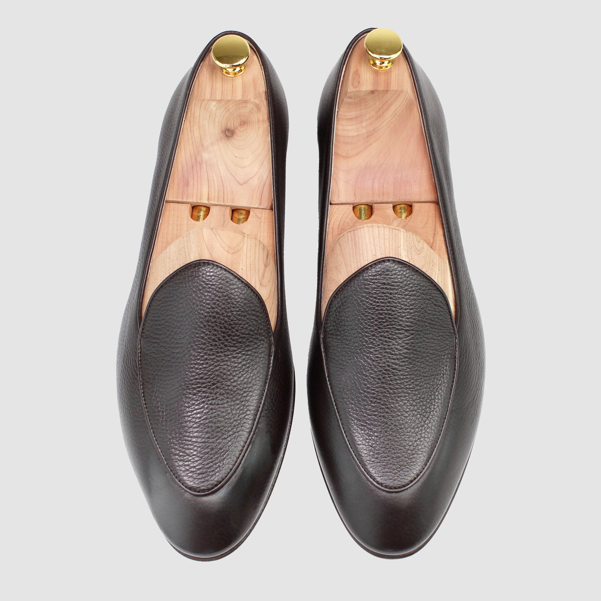 Overhead view of JB Ander men's Vivaldi Venetian loafer in espresso brown pebbled leather, handmade Italian craftsmanship.